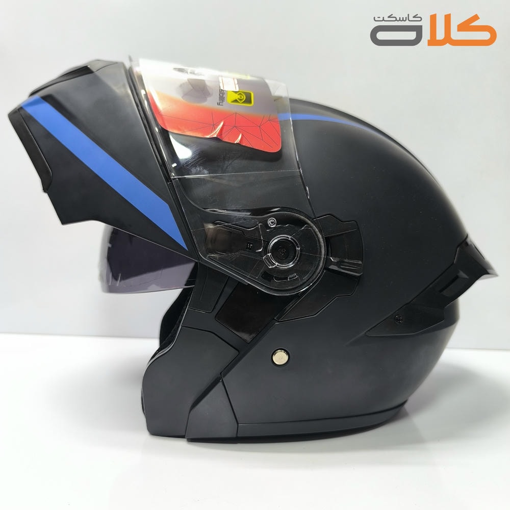 کلاه کاسکت فک متحرک مشکی خط آبی RNG مشکی مات با کیفیت و سبک وزن